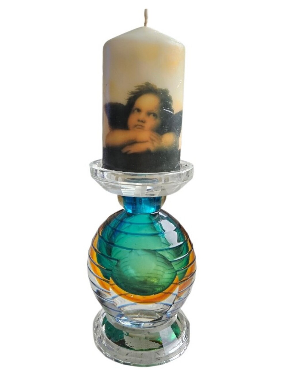 Fifth Avenue Crystal Teal and Amber Art Glass Candel Holder - Home Art